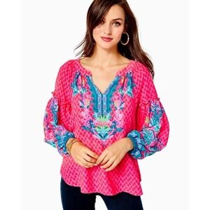 Lilly Pulitzer Zaid Popover Top Print Long Sleeve Blouse V Neck Pink Size Small